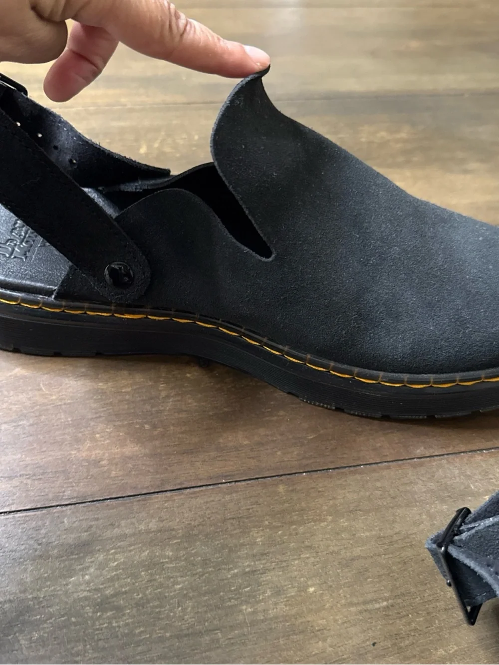 Dr. Martens Black Suede Slingback Sandal with Yellow Stitching